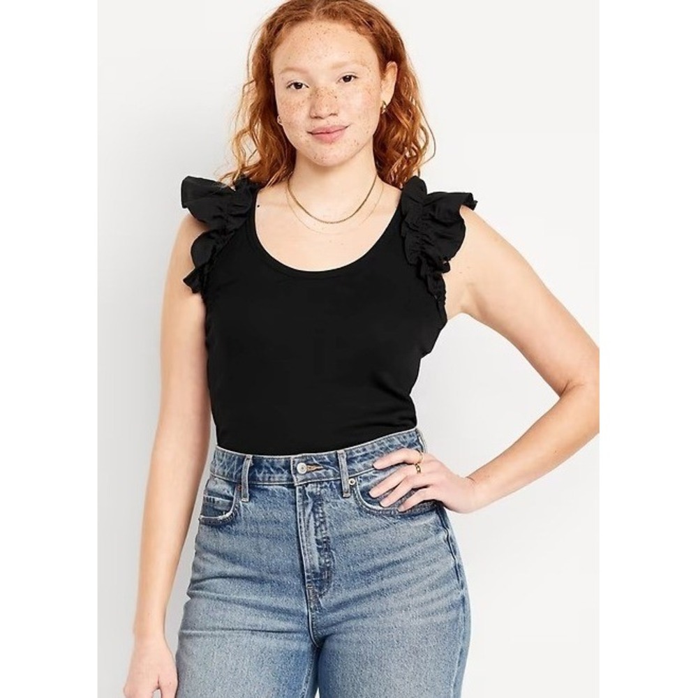 Old Navy Black Ruffled Mixed Fabric Tank Top L Sleeveless Flutter Blouse